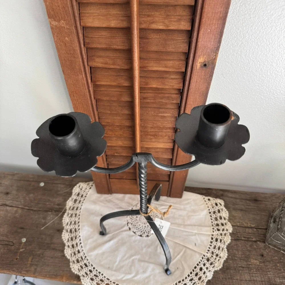 Double Tree Munch Candle Holder Wrought Iron Twisted Metal Primitive Farmhouse